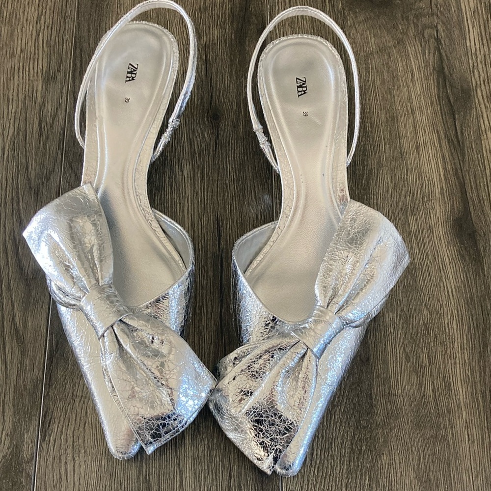 Zara Women's Silver Bow Slingback Shoes